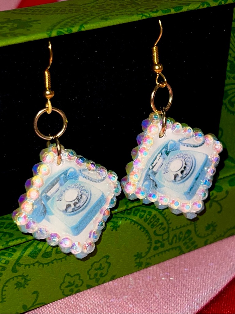 Retro Blue Telephone Dangle Earrings By